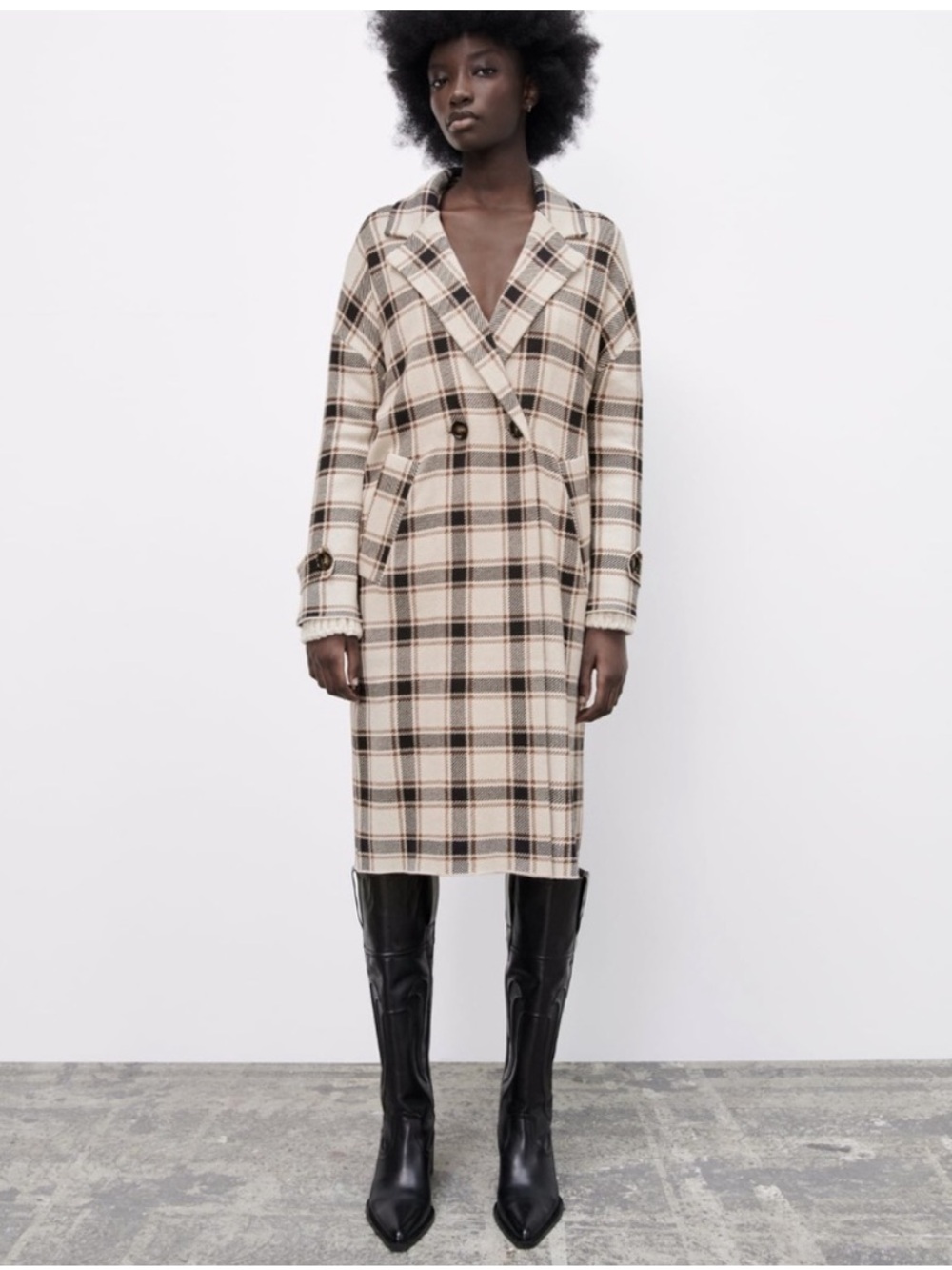 NEW Zara Plaid Knit Ecru Cream/Brown Coat Sz M